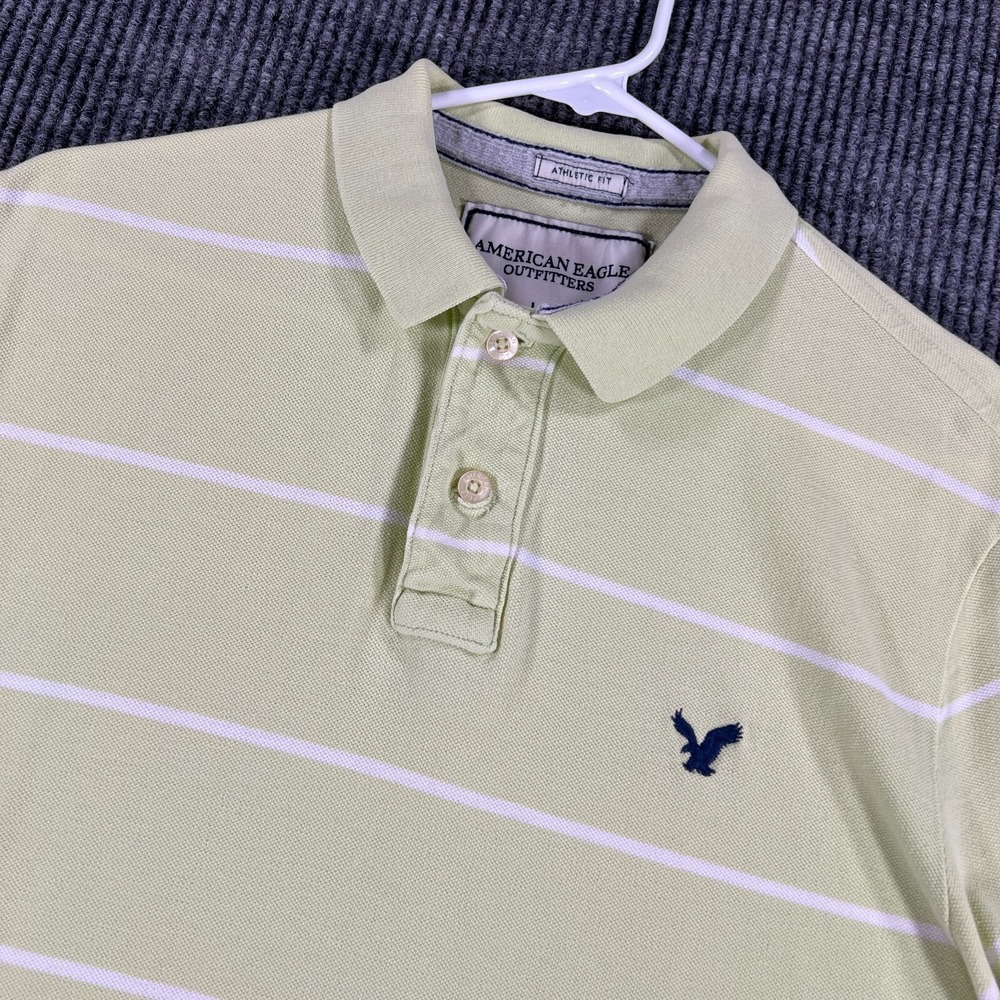 American Eagle Polo Shirt Mens Large Green Striped Short Sleeve Athletic Fit